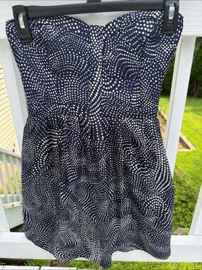 Devlin Satin Strapless Corset Top Navy with White Dot Print A-Line Skirt size XS